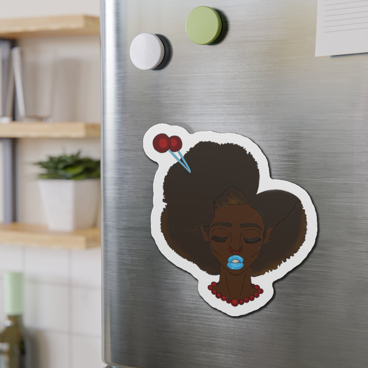 Artistic Afro Woman Die-Cut Magnet, Feminine Home Decor, Fridge Magnet, Unique Gift, Black Culture Art
