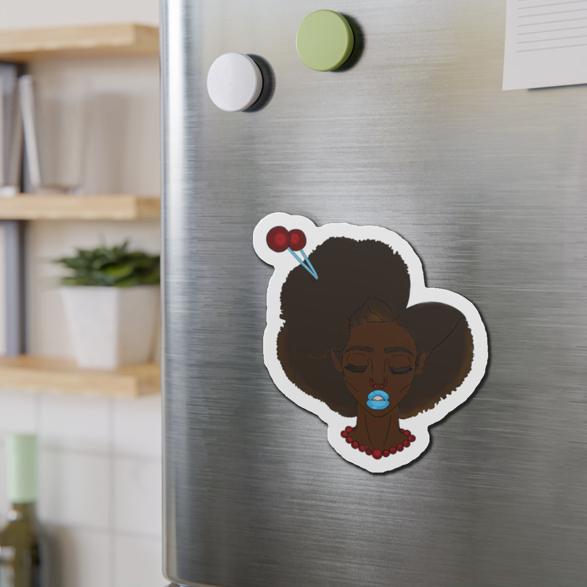 Artistic Afro Woman Die-Cut Magnet, Feminine Home Decor, Fridge Magnet, Unique Gift, Black Culture Art